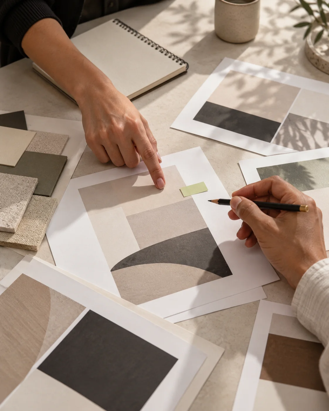Imagem ilustrativa de pessoas revisando materiais criativos sobre uma mesa